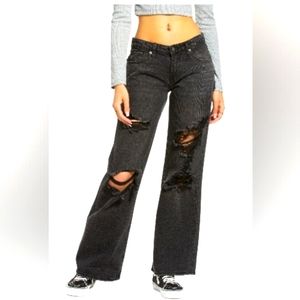 BP Women's Destroyed Low Rise Wide Leg Jeans - Black